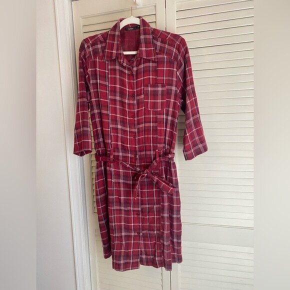 Vintage Red Plaid Button-Up Shirt Dress By Collins With Belted Waist Size 40 (S) - Picture 1 of 8